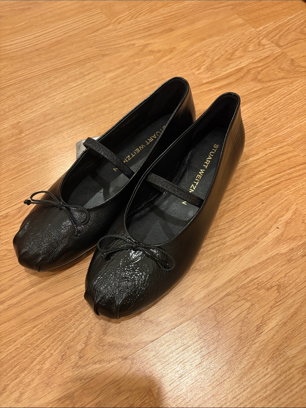 Stuart Weitzman Black Leather Ballet Flats with Bow and Strap
